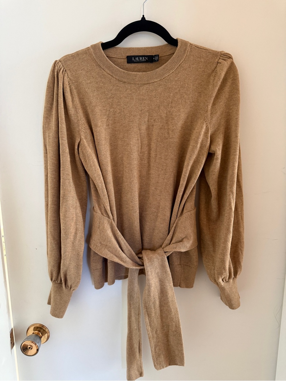 Lauren Ralph Lauren Camel Tie Front Sweater Medium Puff Sleeve Quiet Luxury